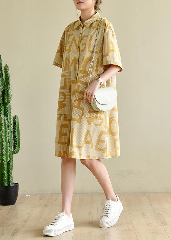 Casual Yellow Cinched Peter Pan Collar Cotton Dress Graphic Dress - bagstylebliss