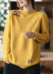 Casual Yellow Embroidered Floral Knit Sweater Winter