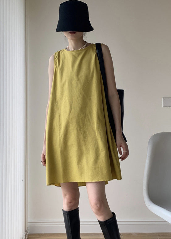 Casual Yellow O Neck Patchwork Cotton Mid Dresses Sleeveless