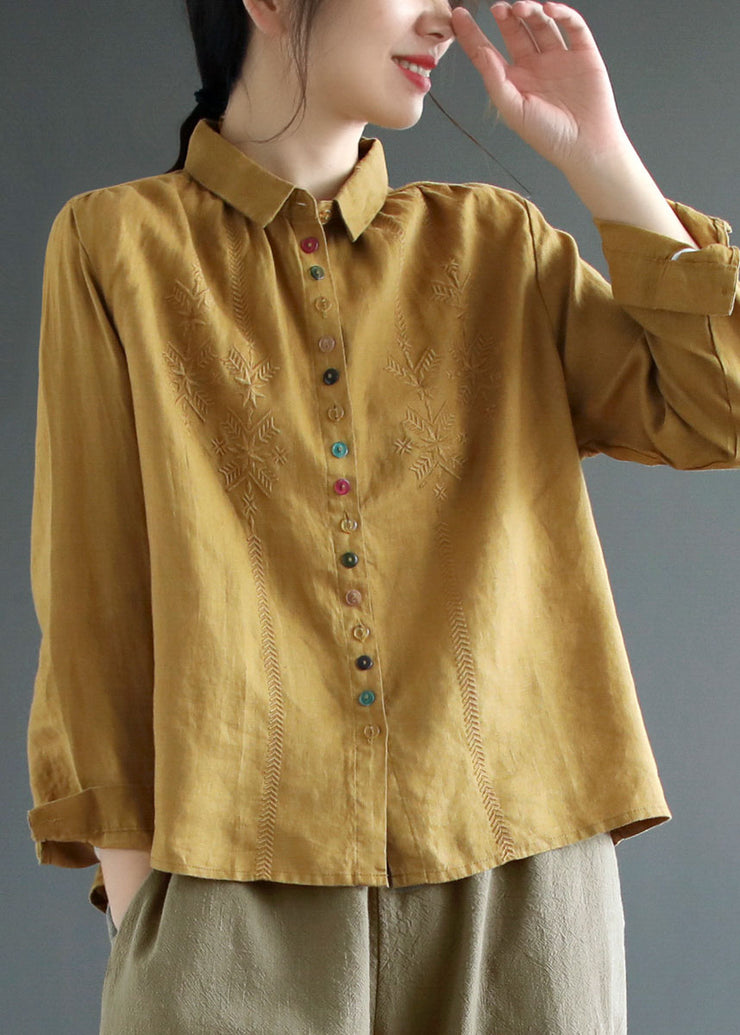 Casual Yellow Peter Pan Collar Embroidered Linen Blouse Tops Fall