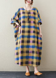 Casual Yellow Plaid O-Neck Long Dress Summer