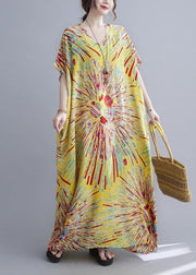 Casual Yellow Print Cotton V Neck Oversize Summer Dress - bagstylebliss