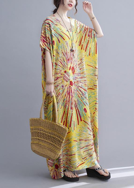 Casual Yellow Print Cotton V Neck Oversize Summer Dress - bagstylebliss