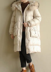 Casual beige warm winter coat oversize hooded winter jacket faux fur collar New winter outwear - bagstylebliss