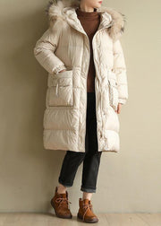 Casual beige warm winter coat oversize hooded winter jacket faux fur collar New winter outwear - bagstylebliss