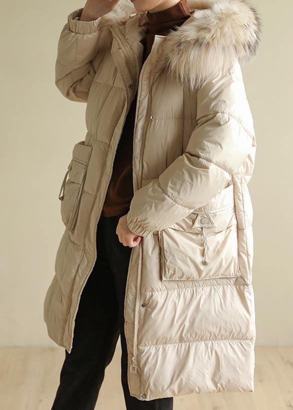 Casual beige warm winter coat oversize hooded winter jacket faux fur collar New winter outwear - bagstylebliss