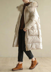 Casual beige warm winter coat oversize hooded winter jacket faux fur collar New winter outwear - bagstylebliss