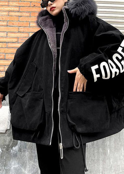 Casual black Letter coats plus size snow jackets faux fur collar pockets coats - bagstylebliss