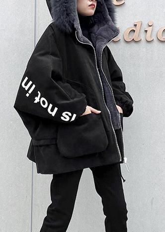 Casual black Letter coats plus size snow jackets faux fur collar pockets coats - bagstylebliss