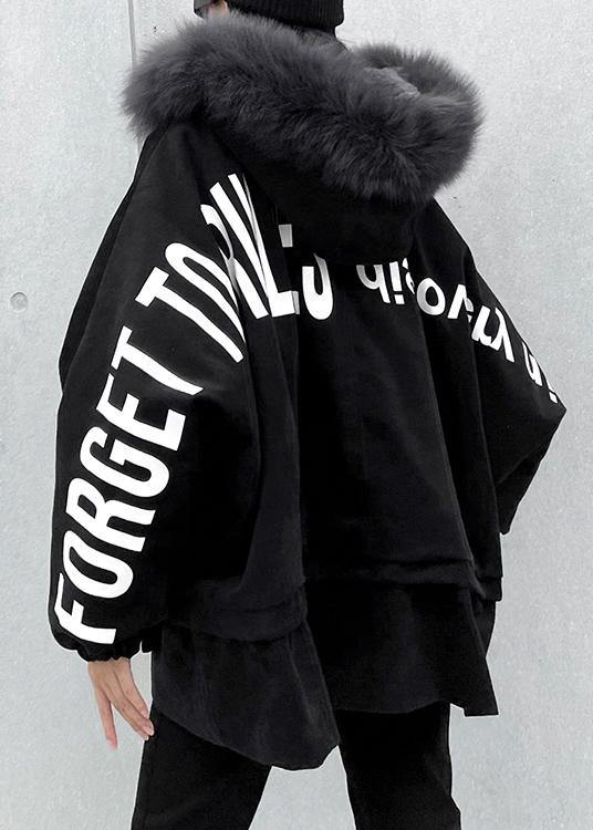 Casual black Letter coats plus size snow jackets faux fur collar pockets coats - bagstylebliss