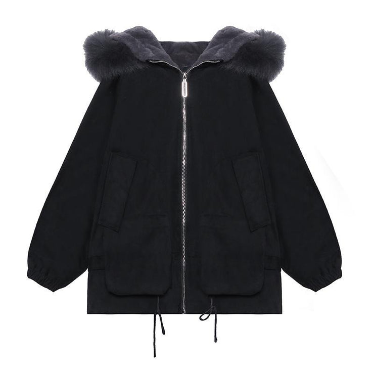 Casual black Letter coats plus size snow jackets faux fur collar pockets coats - bagstylebliss