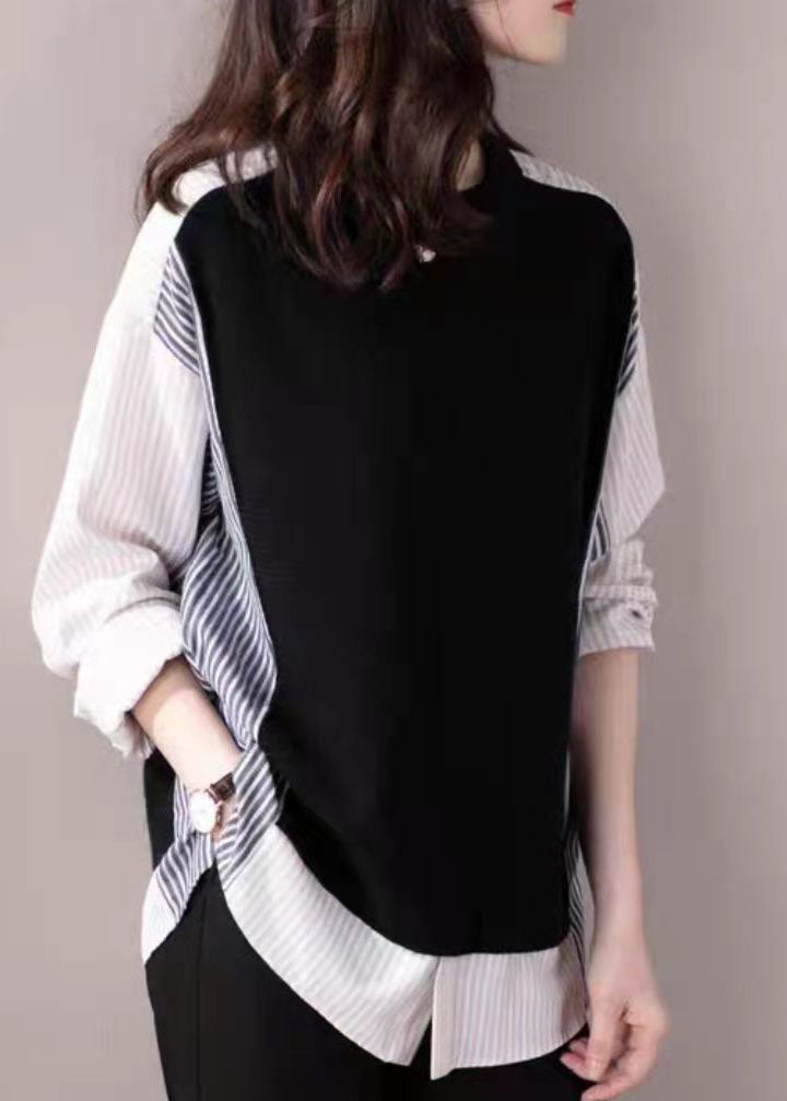 Casual black O-Neck Striped Patchwork Shirt Fake two top Spring