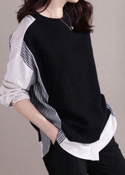 Casual black O-Neck Striped Patchwork Shirt Fake two top Spring