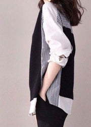 Casual black O-Neck Striped Patchwork Shirt Fake two top Spring