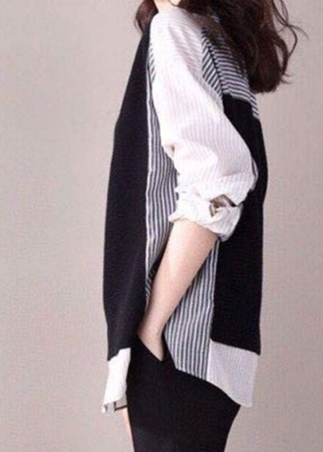 Casual black O-Neck Striped Patchwork Shirt Fake two top Spring