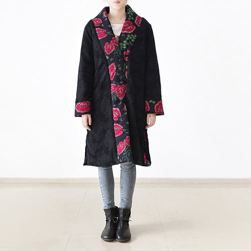 Casual black print Puffers Jackets Loose fitting patchwork down jacket women side open overcoat