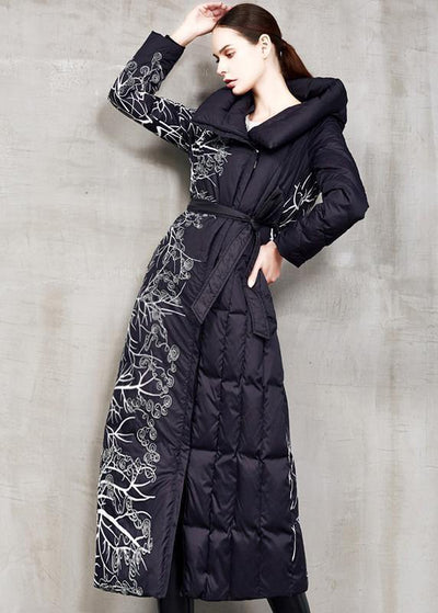 Casual black prints down jacket woman oversize hooded winter jacket tie waist New winter outwear - bagstylebliss