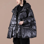 Casual black warm winter coat plus size clothing down jacket hooded zippered Casual overcoat - bagstylebliss