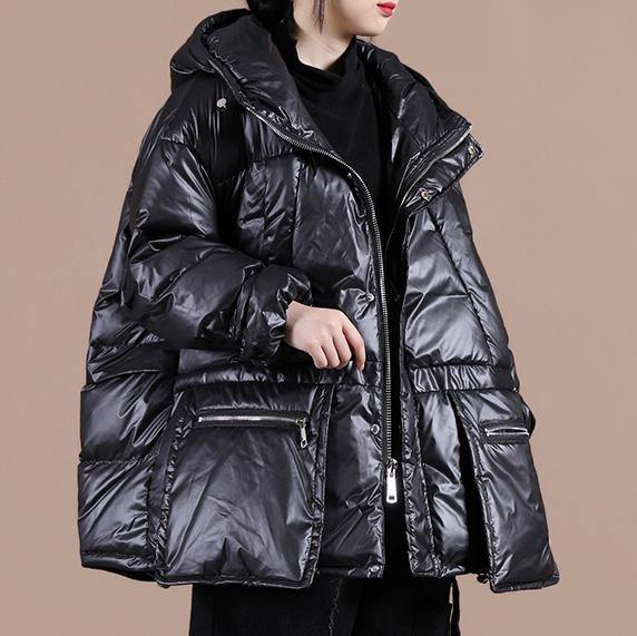 Casual black warm winter coat plus size clothing down jacket hooded zippered Casual overcoat - bagstylebliss