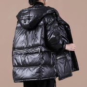 Casual black warm winter coat plus size clothing down jacket hooded zippered Casual overcoat - bagstylebliss