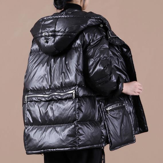 Casual black warm winter coat plus size clothing down jacket hooded zippered Casual overcoat - bagstylebliss