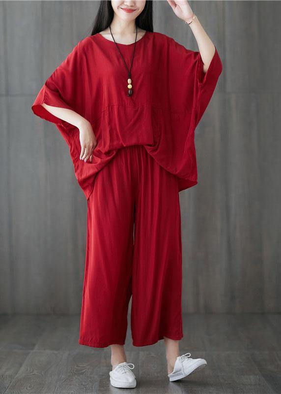Casual cotton blended batwing sleeve pullover tops and elastic waist pants red two pieces - bagstylebliss