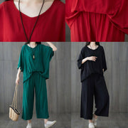 Casual cotton blended batwing sleeve pullover tops and elastic waist pants red two pieces - bagstylebliss