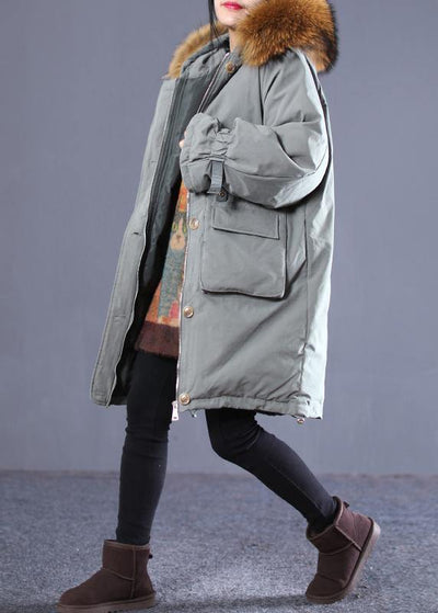 Casual gray green duck down coat oversize down jacket winter hooded zippered flare sleeve fur collar outwear - bagstylebliss