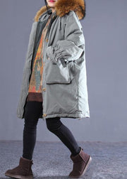 Casual gray green duck down coat oversize down jacket winter hooded zippered flare sleeve fur collar outwear - bagstylebliss