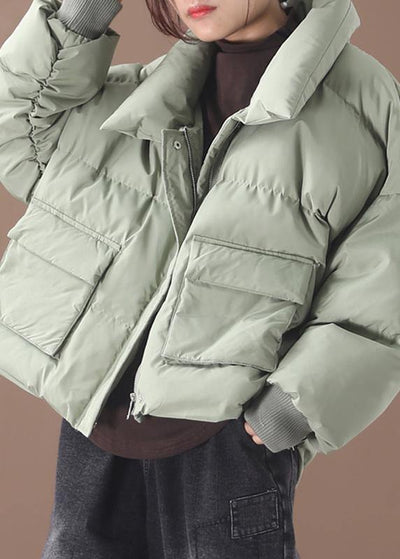 Casual green down coat winter trendy plus size down jacket two pocketsstand collar Jackets - bagstylebliss