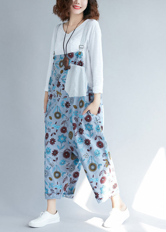 Lässige hellgraue Taschen Patchwork Floral Denim Overalls Frühling