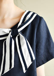Casual navy style collar short sleeve mid-length dress - bagstylebliss