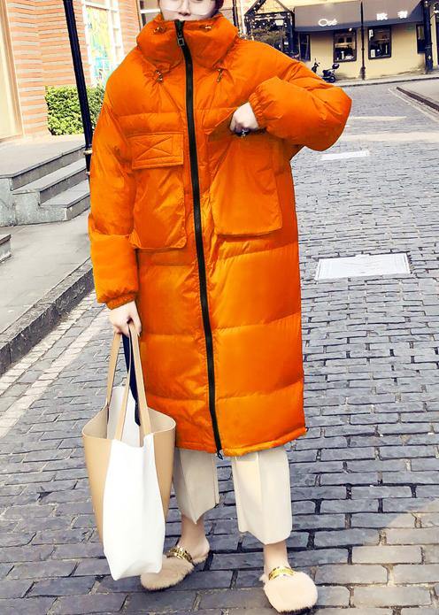 Casual orange down coat winter Loose fitting winter jacket stand collar Cinched quality overcoat - bagstylebliss