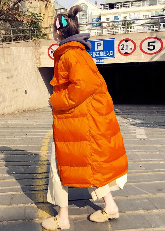 Casual orange down coat winter Loose fitting winter jacket stand collar Cinched quality overcoat - bagstylebliss