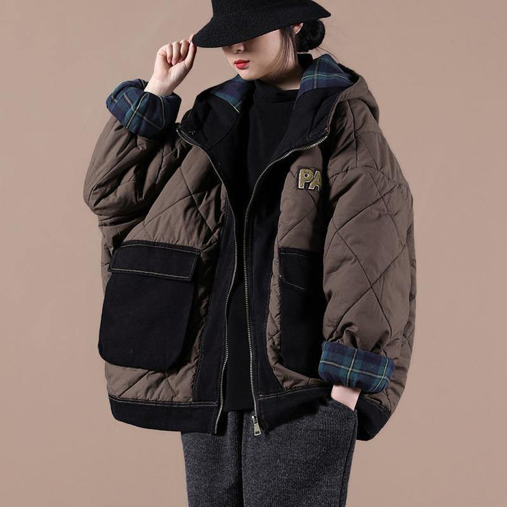 Casual oversize warm winter coat chocolate hooded patchwork plaid Parkas for women - bagstylebliss