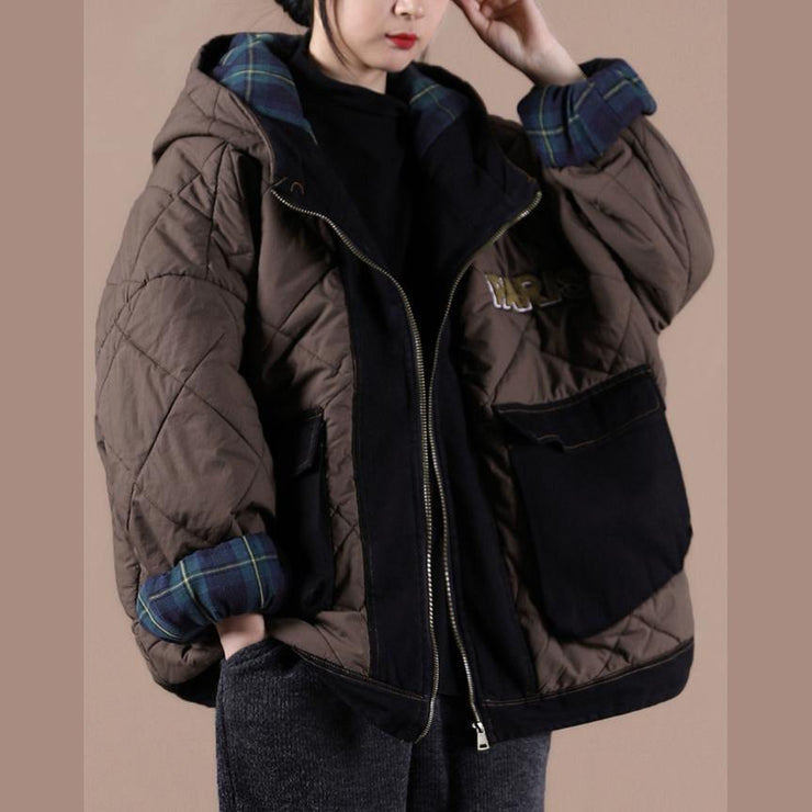 Casual oversize warm winter coat chocolate hooded patchwork plaid Parkas for women - bagstylebliss