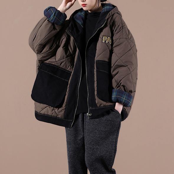 Casual oversize warm winter coat chocolate hooded patchwork plaid Parkas for women - bagstylebliss