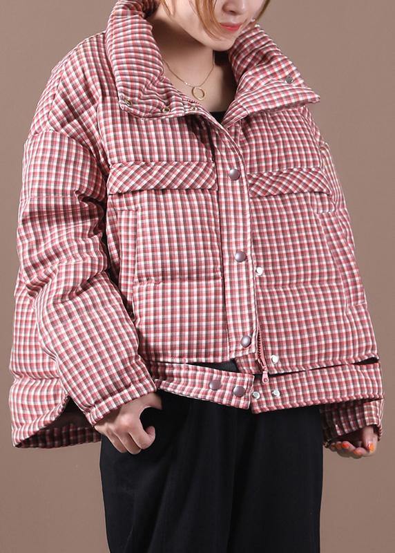 Casual plus size snow jackets red plaid stand collar down jacket woman - bagstylebliss