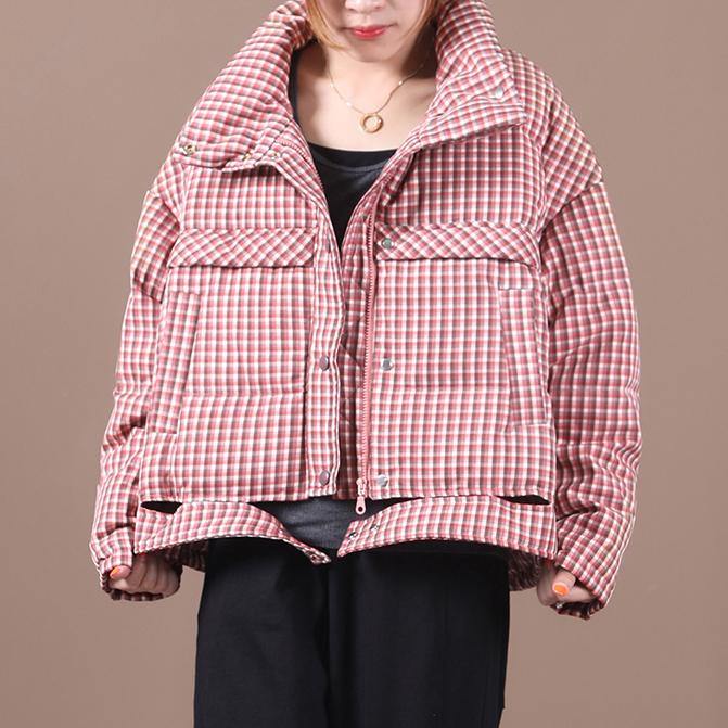 Casual plus size snow jackets red plaid stand collar down jacket woman - bagstylebliss