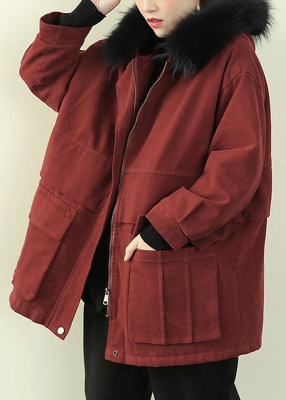 Casual plus size warm winter coat wintercoats red faux fur collar outwear - bagstylebliss