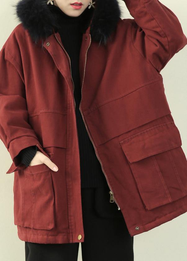 Casual plus size warm winter coat wintercoats red faux fur collar outwear - bagstylebliss