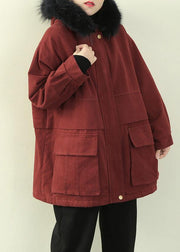 Casual plus size warm winter coat wintercoats red faux fur collar outwear - bagstylebliss