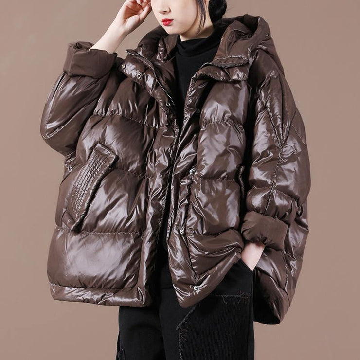 Casual plus size womens parka Jackets chocolate hooded zippered down coat - bagstylebliss