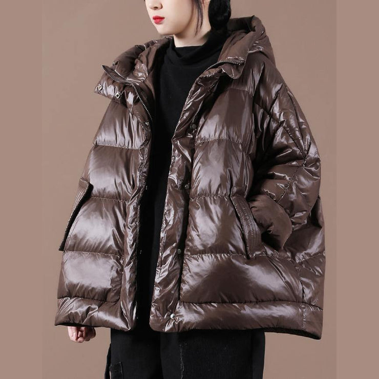 Casual plus size womens parka Jackets chocolate hooded zippered down coat - bagstylebliss