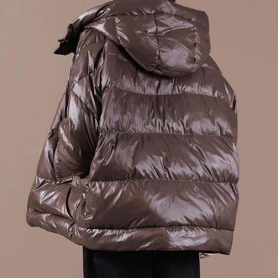 Casual plus size womens parka Jackets chocolate hooded zippered down coat - bagstylebliss