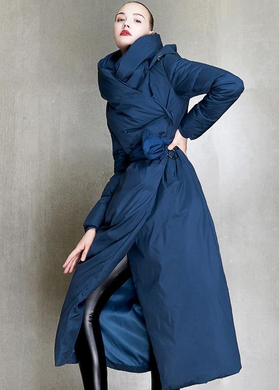 Casual plus size womens parka hooded overcoat blue tie waist down coat winter - bagstylebliss
