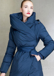 Casual plus size womens parka hooded overcoat blue tie waist down coat winter - bagstylebliss