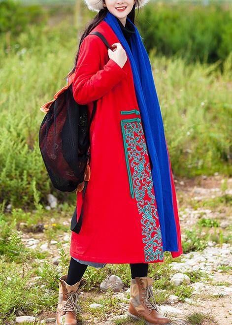 Casual red coat oversized down jacket embroidery winter overcoat - bagstylebliss