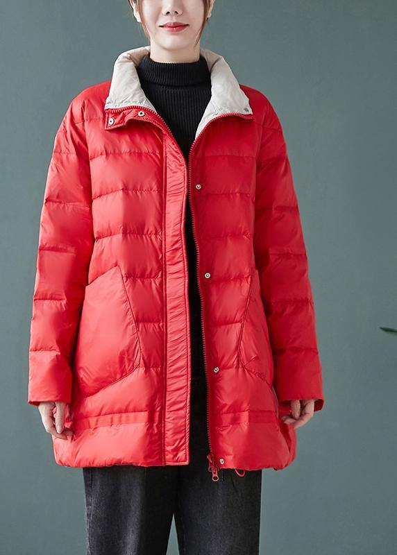 Casual red down jacket woman stand collar pockets Casual Jackets - bagstylebliss