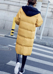Casual trendy plus size down jacket overcoat yellow hooded drawstring down jacket woman - bagstylebliss